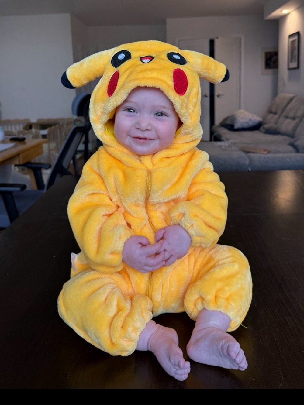 3-6 Months Baby Pikachu Costume:  Hooded Yellow One-Piece Zip-up Onsie